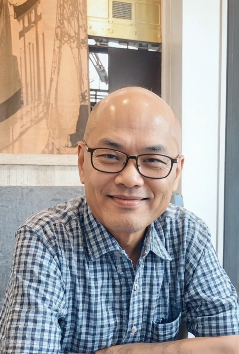Bald Thai man wearing glasses, 55 years old, standing and holding up his shirt, Golden Gate Bridge in the background.