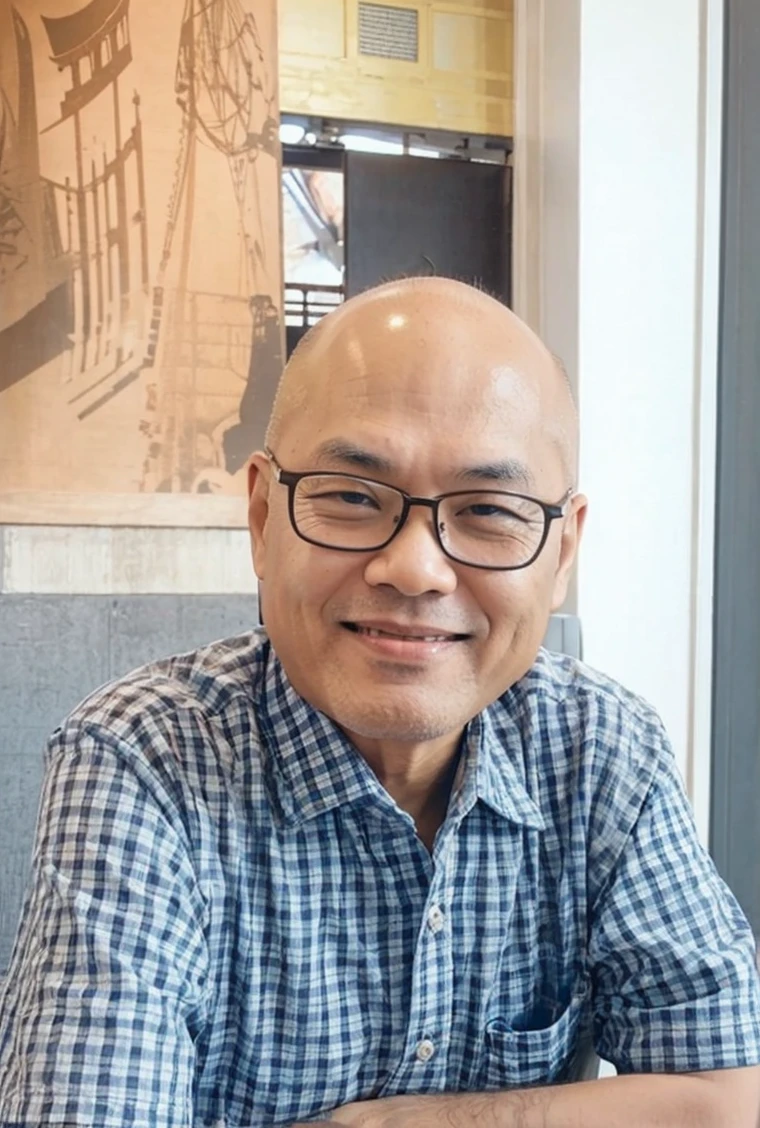 Bald Thai man wearing glasses, 55 years old, standing and holding up his shirt, Golden Gate Bridge in the background.