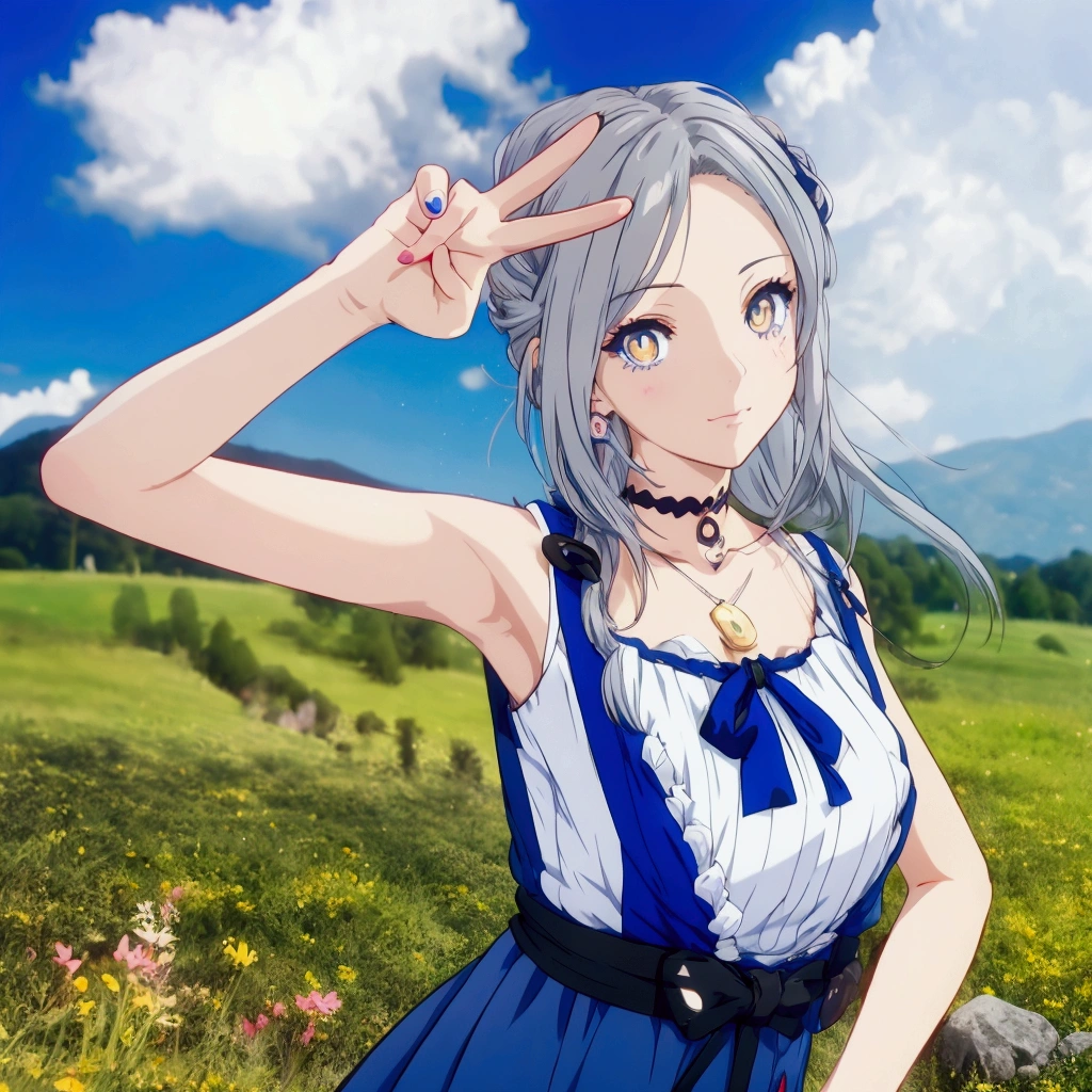 Golden Eyes、An anime girl with grey hair and a blue dress making a peace sign in a field, Realistic Anime 3D Style, Realistic young anime girl, Cute 3D anime girl render, Anime Style3D, , April Rendering, Photorealistic Animation girl render, Realistic anime art style, Smooth anime CG art, Anime Style, Live2D Virtual Youtuber Model, Photorealistic Animation