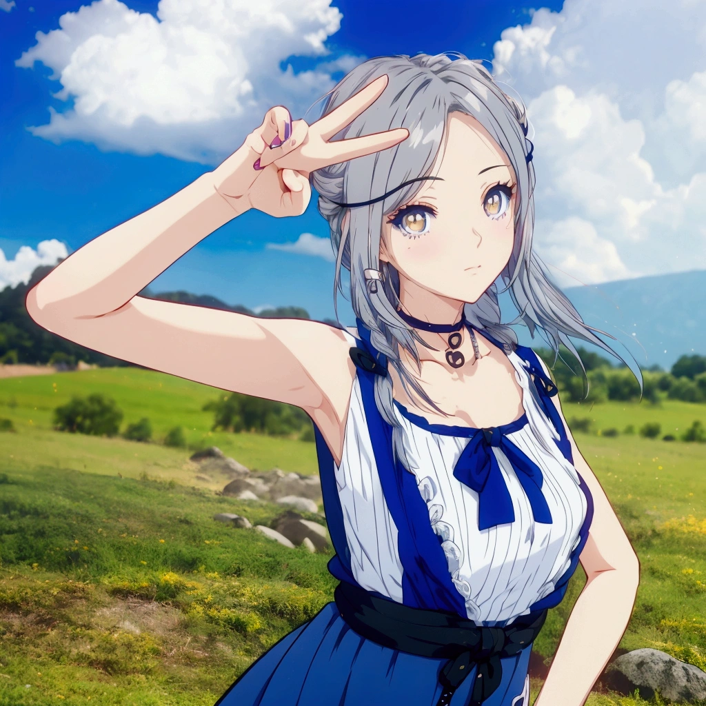 Golden Eyes、An anime girl with grey hair and a blue dress making a peace sign in a field, Realistic Anime 3D Style, Realistic young anime girl, Cute 3D anime girl render, Anime Style3D, , April Rendering, Photorealistic Animation girl render, Realistic anime art style, Smooth anime CG art, Anime Style, Live2D Virtual Youtuber Model, Photorealistic Animation