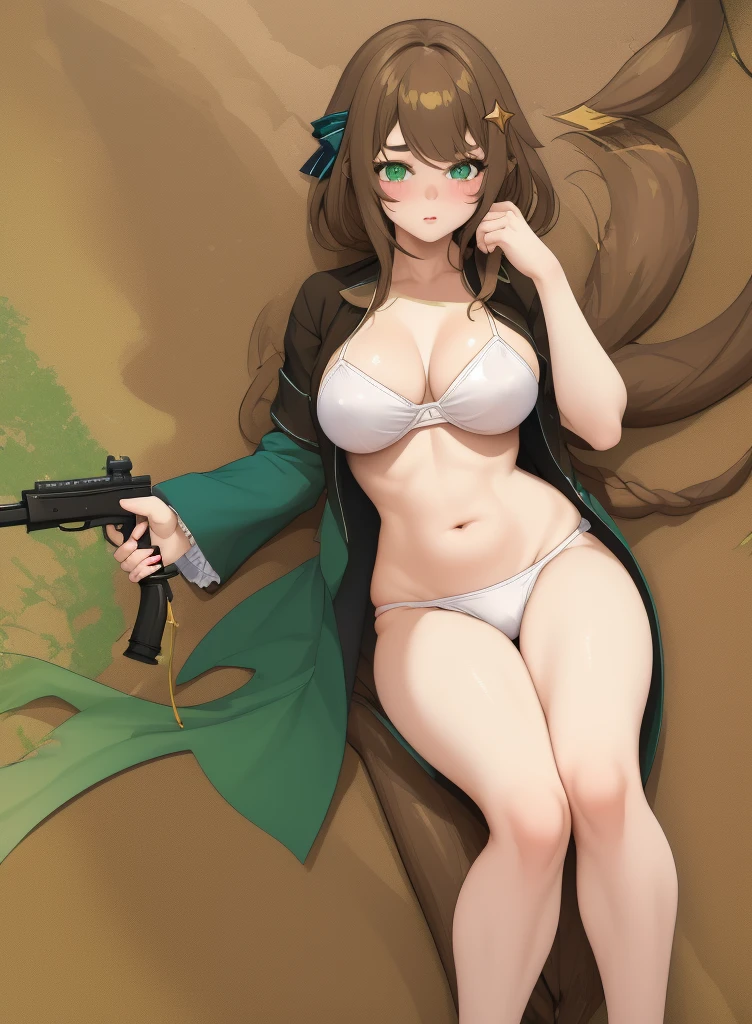 Best Quality, (Masterpiece),(ultra detailed), (high quality), (high resolution),  1 girl on her back, He drowned, white short bikini, grades old, big thighs blush, braid, old, Brown eyes, Brown hair, to drink, green background, green bow, green eyes, hair between the eyes, hair ornament, heterochromia, holding gun, looking at the viewer, Meica, nail polish, Love, business, Alone, star hair ornament, Youtuber Virtual, witch, big old, large old, (beautiful large old:1.4), old, copa h, big tits, big ass