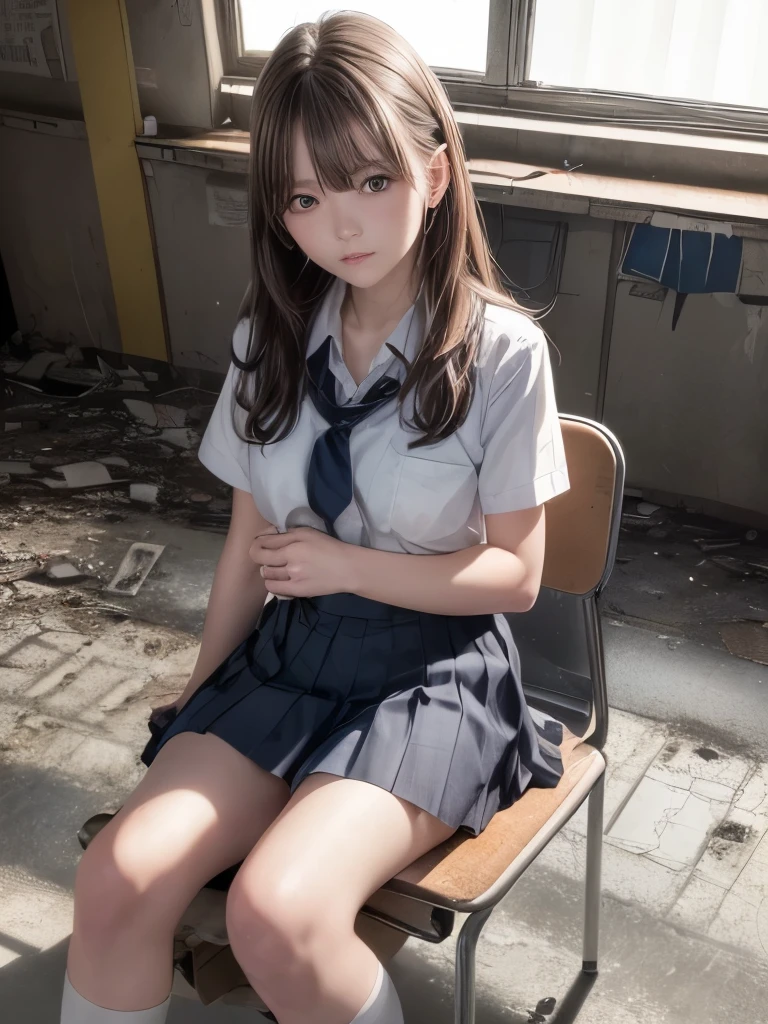 (SONY_α1.SEL50F12GM.Combined shooting), (One Girl), alone, Ultra high definition, Great face and eyes, Serious face, (school uniform, Pleated skirt,:1.3), (Highest quality:1.4), Very detailed, 8k Raw Photo:1.5, Very detailed, High resolution raw color photos, Professional photography, Realistic portraits, (Abandoned school classroom, Sit on a chair:1.5), A scene from a movie,