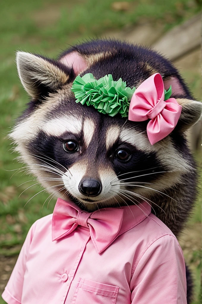 Draw a raccoon with green left and pink right eyes with a pink bow in its hair and wearing pink uniform clothes. 