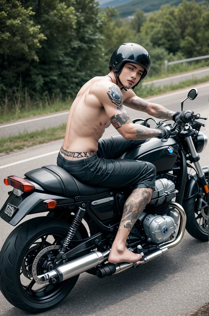 A shirtless tattooed man riding a BMW 1200 motorcycle,