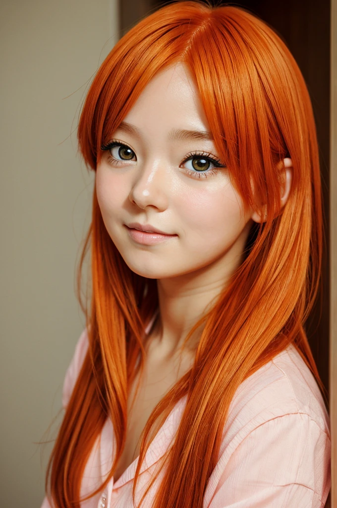 a young girl, with orange hair, a little blushing. anime style.