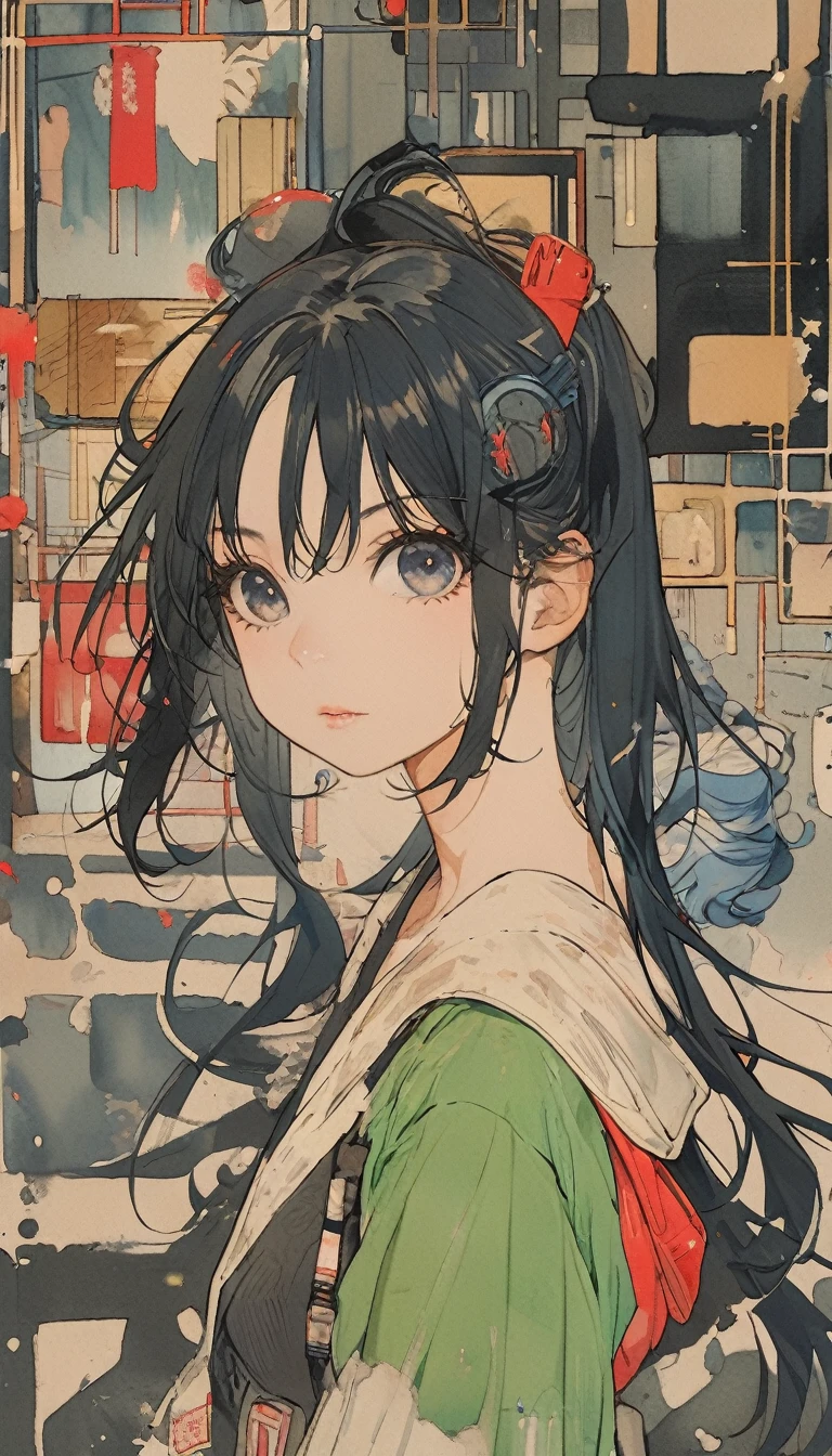 The Style of Kawanabe Kyosai、Japanese painting style、Shibuya Scramble Crossing、high school girl、Looking into the camera、Black Hair、Long Hair、Beautiful girl