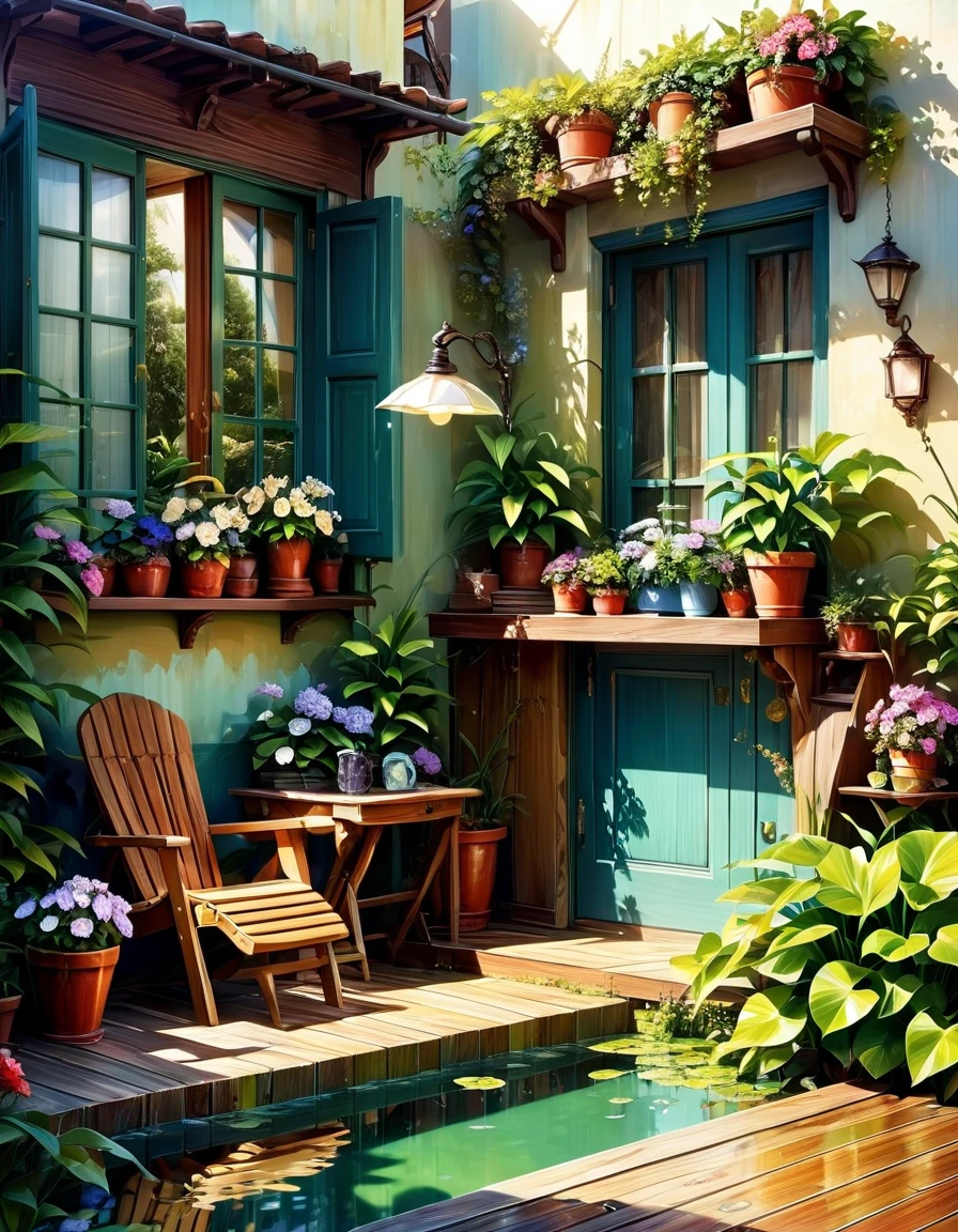 (micro-landscape:1.5),(Highest quality), ((masterpiece)), (High resolution), shape, original, Highly detailed wallpaper, No humans, window, scenery, plant, water, potted plant, outdoors, building, door, Home, flower pot, Day, Lily Pad, Chair, flower, table, stage, watermark, have, wood, Daylight, Pool, Grass, indoors, reflection, lamp, balcony, Black Hat, Bush, zero, handrail, mechanical, open window, shelf, leaf, Book, Web address, Copyright Name, ladder, architecture, Shadow, alone, Day included, Grape wood, flower vase, city, Cafe, lanthanum, bucket, What&#39;s left behind, bench, shop, sign, Moss, boat, Barrel, river,