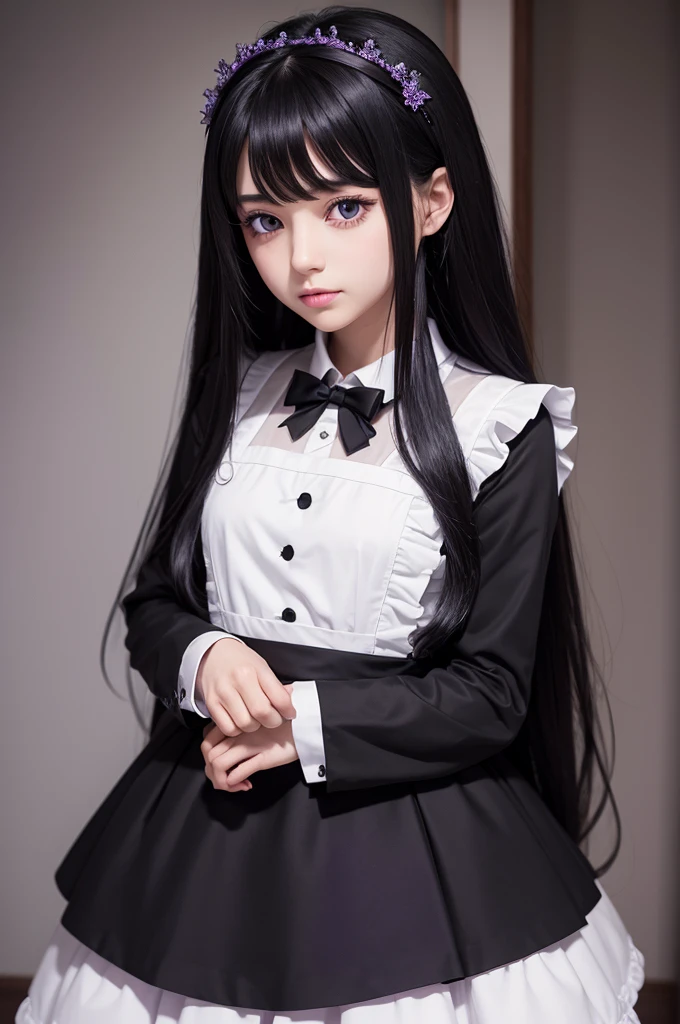 Straight bangs、Black Bob、Maid clothes、White Knee Highs、Crouch、Thighs、slender、lovely、Drawers、Drooping eyes、Three white eyes、panties
