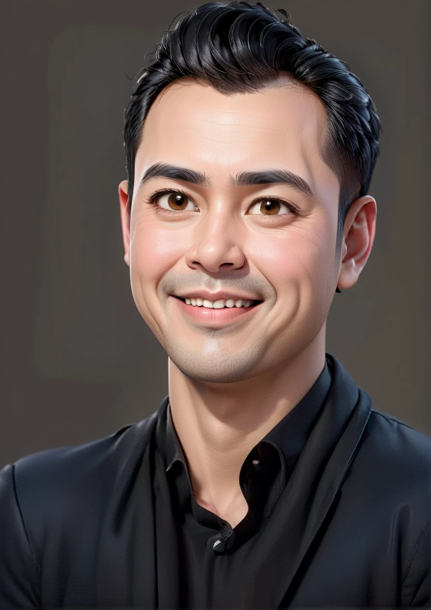 Caricatur 3D cartoon style with a big-headed. a 30 year old Indonesian man with short, slightly wavy black hair combed back, round head facing forward, oval face with a strong jawline, straight thick eyebrows, narrow brown eyes, straight nose with a slightly rounded tip, symmetrical lips, smile friendly thin, wearing a yellow and black t-shirt. Gradient blue background with professional lighting. masterpiece, top quality, highly detailed skin and face, ultra-realistic, high definition, studio lighting, sharp focus, full body view, Concept Art, 3D rendering.