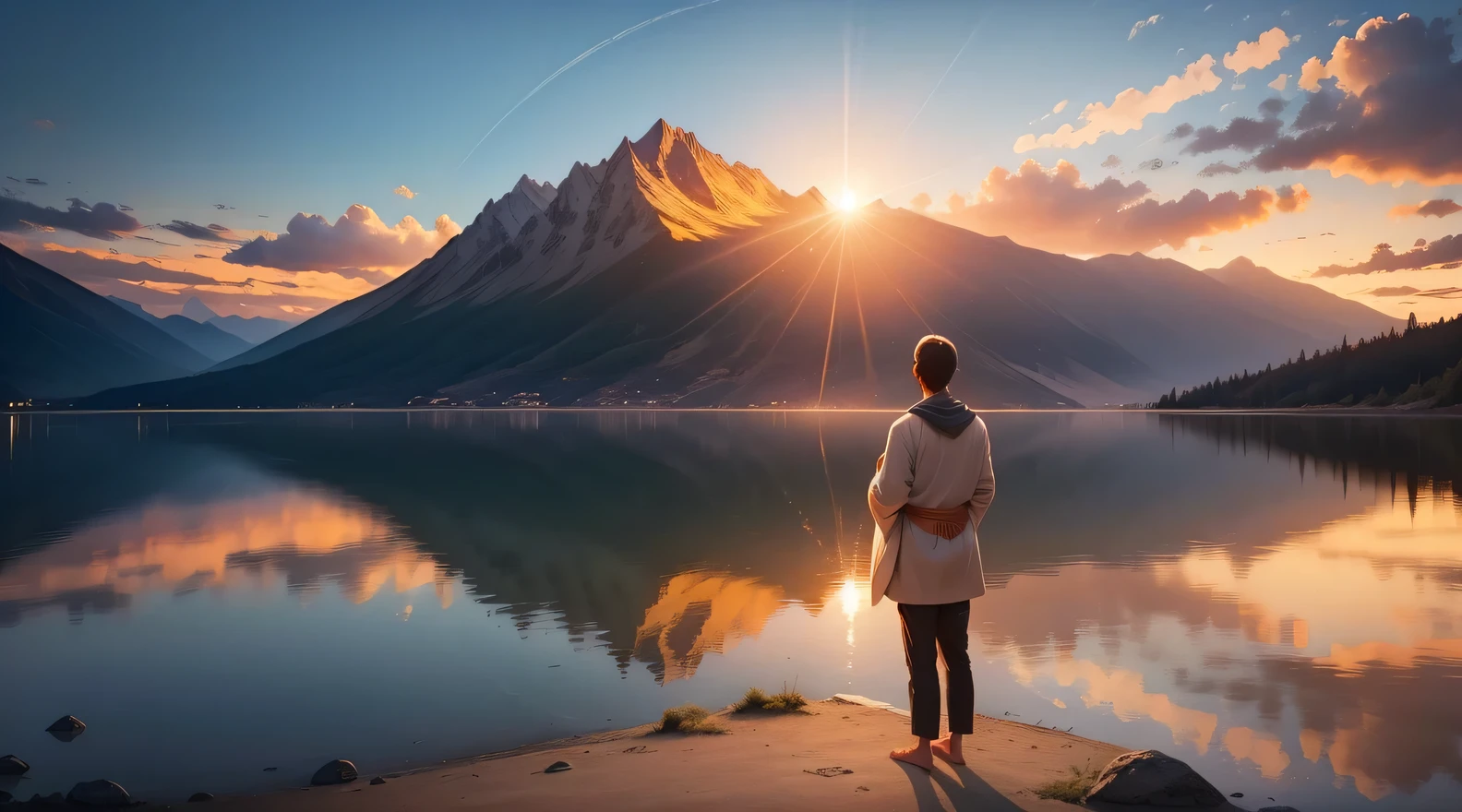 A breathtaking scene with a spectacular sunset over a calm lake surrounded by majestic mountains. En el centro de la imagen, a person stands with hands folded in prayer and eyes closed in deep meditation. Just above them, An artistic representation of God, surrounded by a divine aura of light, look with compassion at the person meditating. A luz dourada do sol poente banha a paisagem, creating a peaceful and spiritual atmosphere