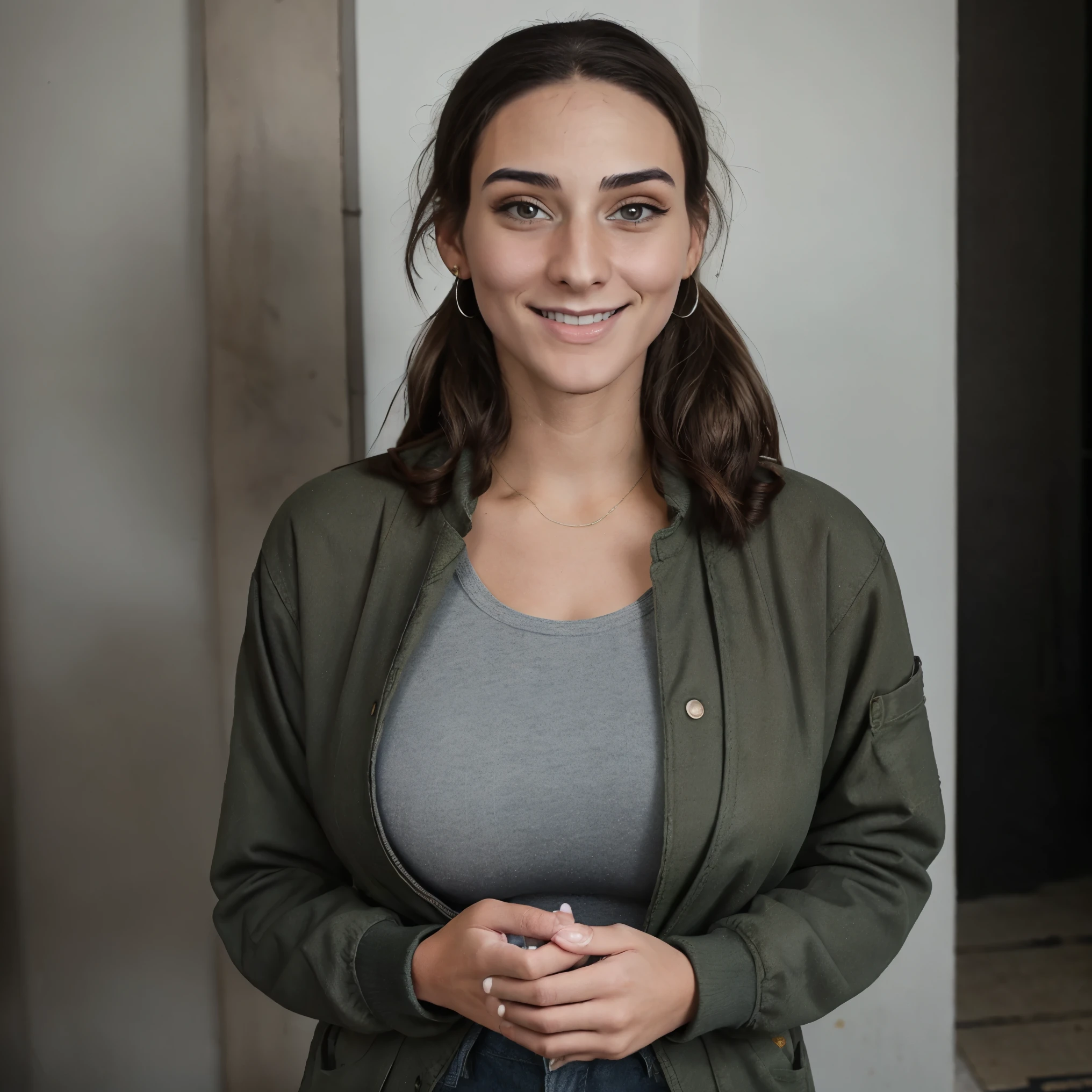 Extremely busty thin and toned brunette photographer, college girl, fair skin, loose ponytail, soft face, athletic, bandana babushka headwrap, tight olive green casual windbreaker, skinny jeans. standing in front of her apartment building, outdoors, city, camera bag, cleavage 