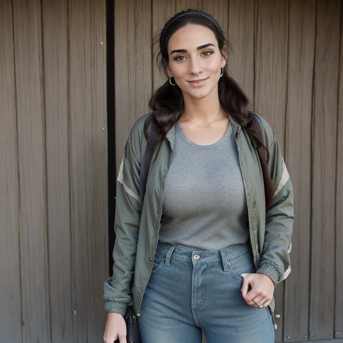 Extremely busty thin and toned brunette photographer, college girl, fair skin, loose ponytail, soft face, athletic, bandana babushka headwrap, tight olive green casual windbreaker, skinny jeans. standing in front of her apartment building, outdoors, city, camera bag, cleavage