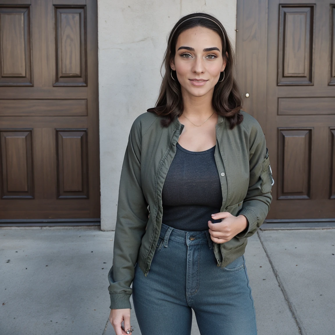 Extremely busty thin and toned brunette photographer, college girl, fair skin, loose ponytail, soft face, athletic, bandana babushka headwrap, tight olive green casual windbreaker, skinny jeans. standing in front of her apartment building, outdoors, city, camera bag, cleavage 