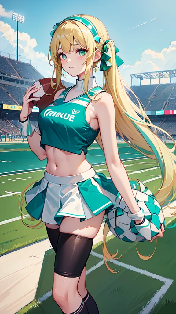 (masterpiece, top quality, best quality, official art, beautiful and aesthetic:1.2), (8k, best quality, masterpiece:1.2), (((masterpiece))), (((best quality))), (((extremely detailed))), illustration, who, (masterpiece, top quality, best quality, official art, beautiful and aesthetic:1.2), (8k, best quality, masterpiece:1.2), 1girl, crop top, cheerleader, Pom-poms in hand, (((blonde hair))), very long twin tails, medium breasts, (((turquoise eyes))), full body, wide hips, smile, skirt, (((dark green and white cheerleader outfit))), (((football field))),