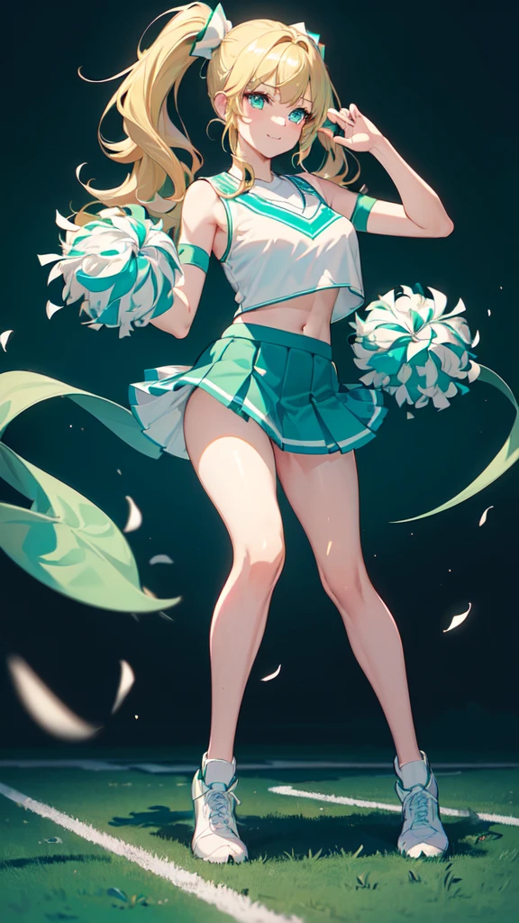 (masterpiece, top quality, best quality, official art, beautiful and aesthetic:1.2), (8k, best quality, masterpiece:1.2), (((masterpiece))), (((best quality))), (((extremely detailed))), illustration, who, (masterpiece, top quality, best quality, official art, beautiful and aesthetic:1.2), (8k, best quality, masterpiece:1.2), 1girl, crop top, cheerleader, Pom-poms in hand, (((blonde hair))), very long twin tails, medium breasts, (((turquoise eyes))), full body, wide hips, smile, skirt, (((dark green and white cheerleader outfit))), (((football field))),