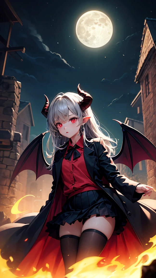 (Highest quality,Very detailed,High resolution:1.2),One Girl,Gray Hair,The most beautiful girl in human history,Owns a gigantic kiln twice his height,暗い red eyes (暗いred eyes:1.1),暗い aura(aura:1.1),(mysterious,Ghostly:1.1) atmosphere,Looks like half a demon,(Demonic traits,Devilish Features),(Elaborate,Brilliant) Cross shaped earrings,Small Ass,Gothic Lolita style clothing,Black Stockings,Knee-length skirt,Red Shirt,Black long coat,Grim Reaper-like Appearance,It has bat-like horns and huge wings.,A big full moon shines in the dark night sky