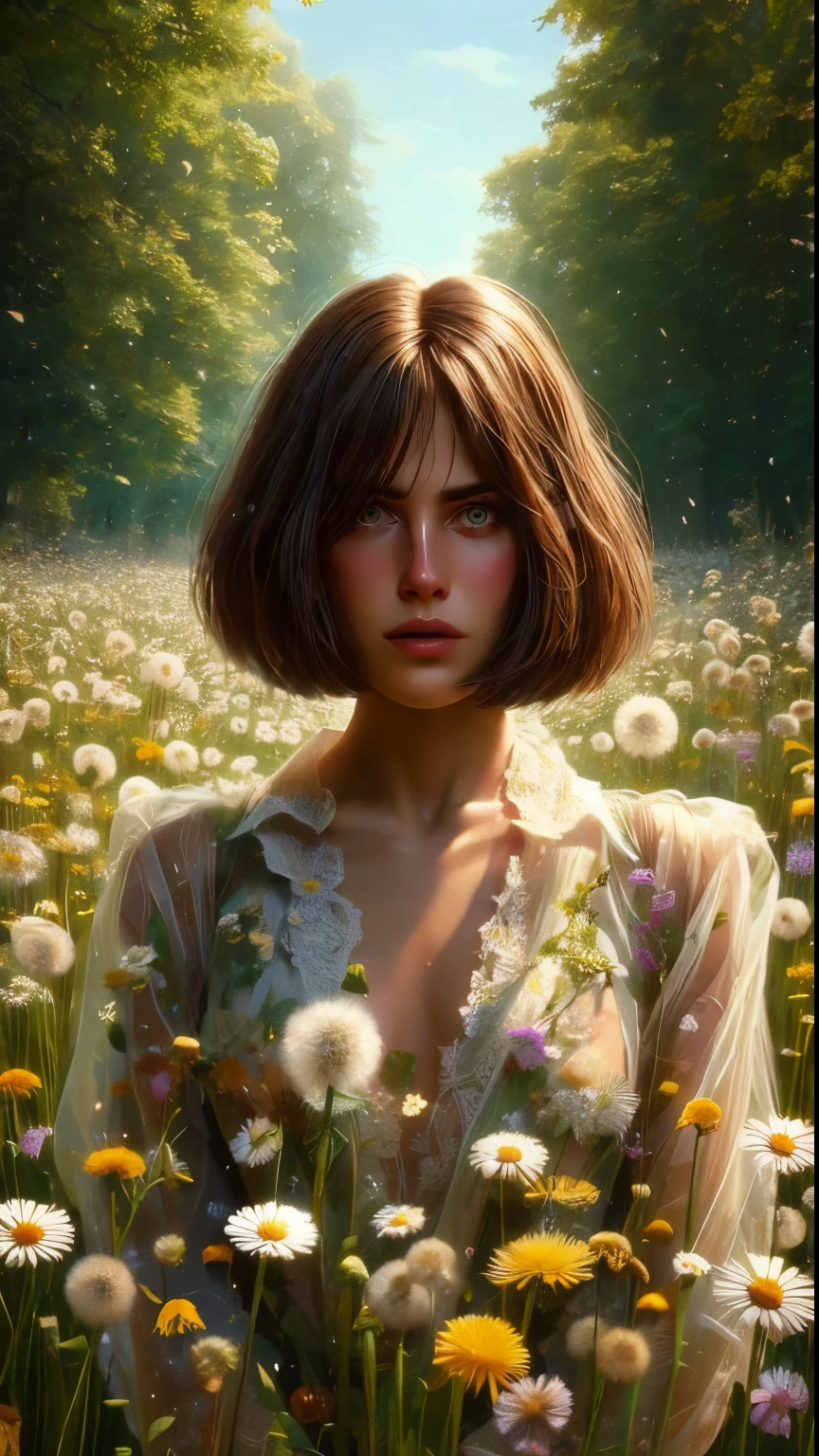 I've seen things you people wouldn't believe, Beautiful young brunette woman with shoulder length hair, page-boy haircut, silk, gauze, clothes made of hundreds of wildflowers and dandelion fluff, full body shot, medium shot, cowboy shot, on a forest path