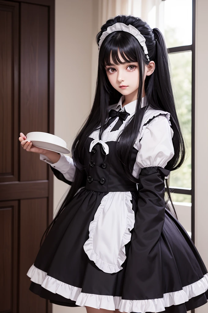 {black hair}  {long hair} {straight hair} {dark purple eyes} {maid uniform} {female} {17 year old woman}