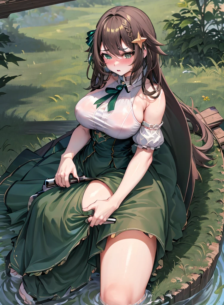 Best Quality, (Masterpiece),(ultra detailed), (high quality), (high resolution), 1 girl on her back, He drowned, white short bikini, old, big thighs blush, braid, old, Brown eyes, Brown hair, to drink, green background, green bow, green eyes, hair between the eyes, hair ornament, heterochromia, holding gun, looking at the viewer, Meica, nail polish, Love, business, Alone, star hair ornament, Youtuber Virtual, witch, big old, large old, (beautiful large old:1.4), old, copa h, big tits, big ass