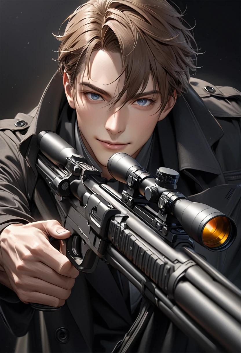 ( perfect anatomy )Handsome boy dynamic sniper, A brown-haired man in a black trench coat points a gun at the sniper at his prey ( perfect anatomy ) Dynamic pose detailed face. realistic eyes. The face and eyes are very detailed. delicate skin.、delicate skin texture smile,
Black trench coat dark shadow background, Black Soft Light, Professional photography master'artwork, texture, complicated, Clear, High-quality masterpieces,
Extremely complicated and exquisitely detailed, Super detailed, Super detailed digital art