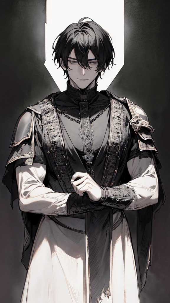 Best quality, (background_detail), high_contrast, detail_original_illustration, warrior, muscular, villain face, armored, full_body, medieval, crease between eyes, young man, man in 20s, dark_stitch_landscape, (dramatic_lighting:1. 25), (shaded_background:1.2), black_hair, (short black hair:) 1.1 ), Large figure, Delicate face, Evil smile, Sharp eyes, Black background, (Black background:1.5), Beautiful line drawing, Black and white
