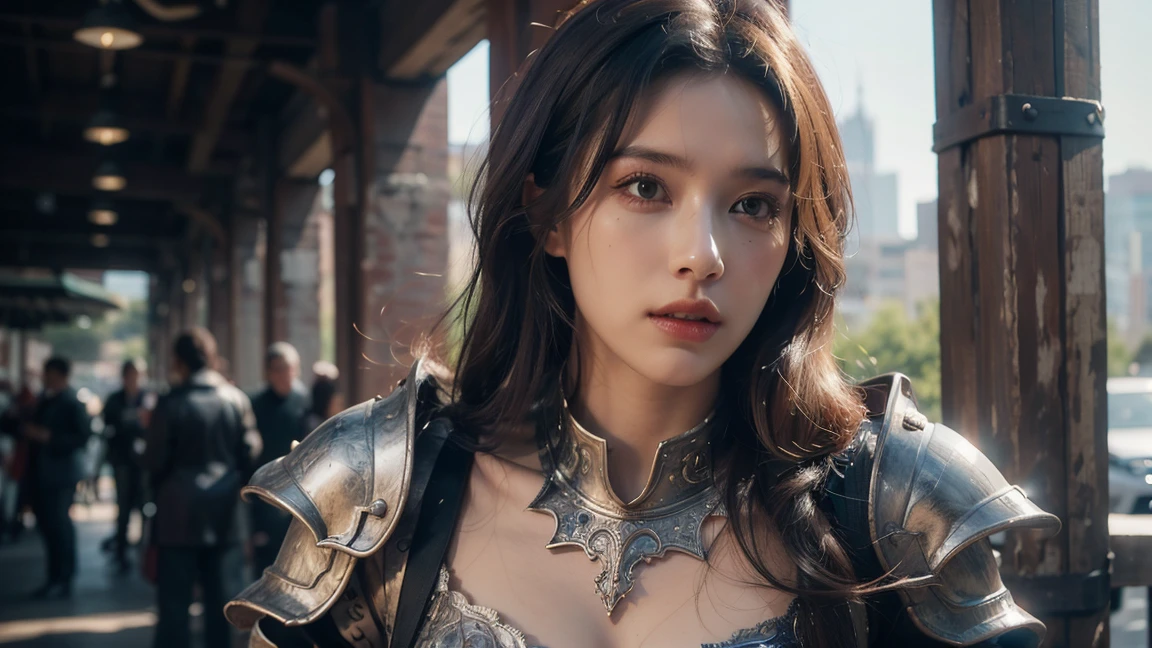 a girl wearing a bikini armor,Navel,The abdomen is completely exposed,Reveals sexy lower abdomen,cowboy-shot,extremely detailed face and eyes,beautiful detailed face,detailed facial features,long eyelashes,beautiful lips,wavy hair,intricate armor design,shiny metal armor,complex sci-fi armor,futuristic cyberpunk style,dynamic pose,dramatic lighting,vibrant colors,cinematic composition,photorealistic,8K,high quality,masterpiece