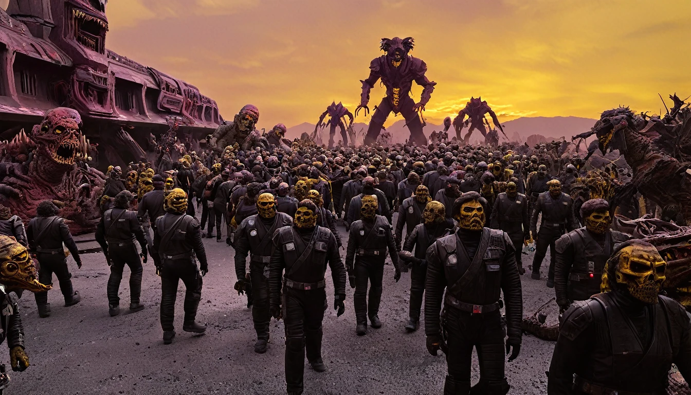 in (medium full shot:3.1), of lot of characters walking from (Galaxy of Terror, with yellow sky:3.1), inspired by style of Wayne Barlowe and greg rutkowski art, in apocalypse of chaotic world, monsters, robots, daemons, aliens, mutant (with Creepy, Sci-Fi, Fantasy and Horror:2.9) retro sci fi, horror movie, horrified, terrified, insane, disgusting, disturbing, Impactful, cgsociety, hyper-detailed, digital illusions, cyberspace, photorealistic, arts visuals. Ultra detailed, RAW photo, (cinematic:2.9), artstation style, concept art, masterpiece, 8k, realistic textures, (3D rendering:3.1),