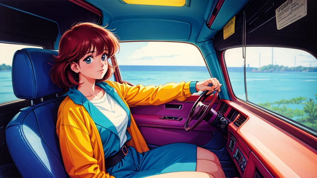 One Woman、sitting in the passenger seat of a car、80Retro anime style of the 1980s、Vivid colors、Image of a woman from inside a car、