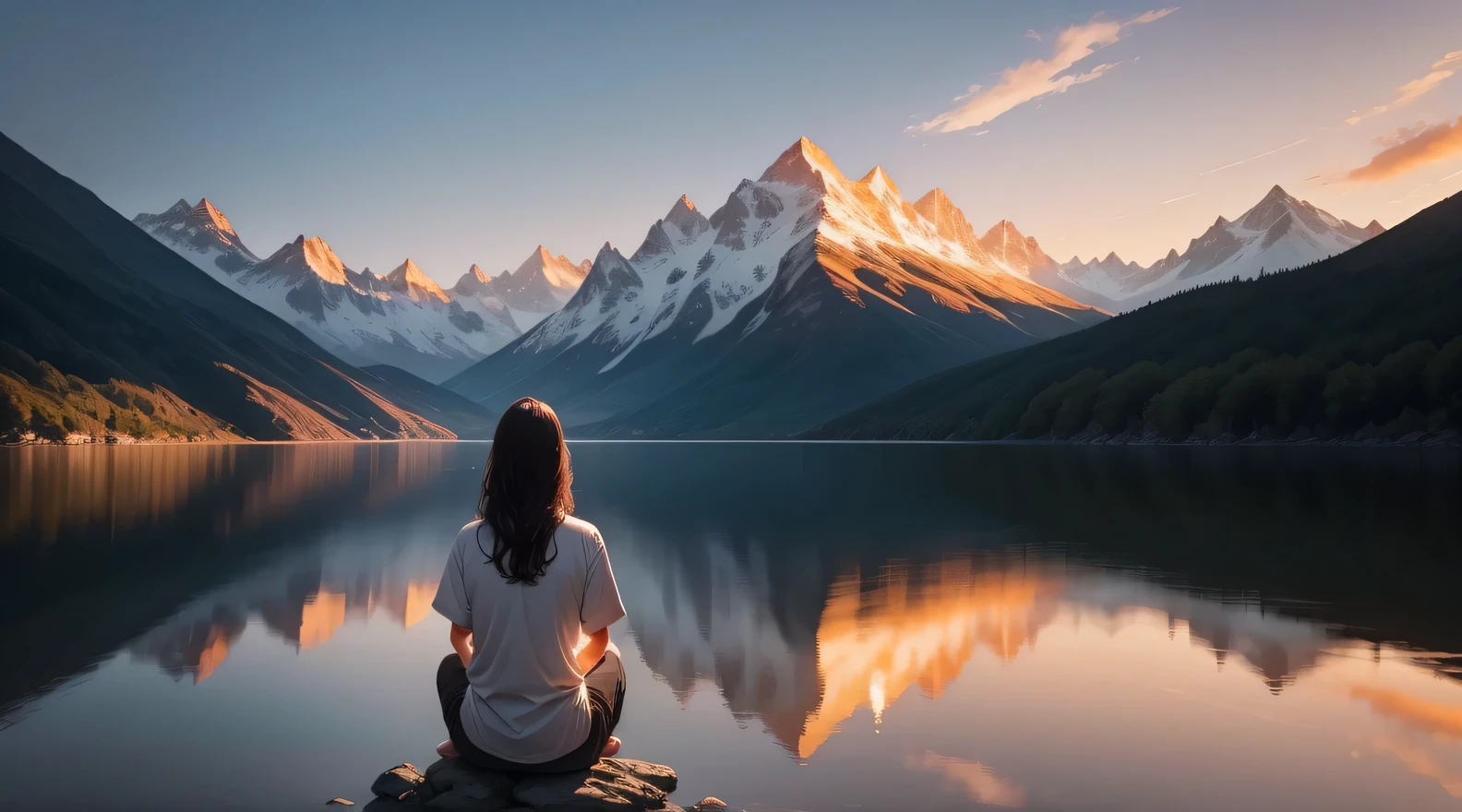 A breathtaking scene with a spectacular sunset over a calm lake surrounded by majestic mountains. En el centro de la imagen, a person stands with hands folded in prayer and eyes closed in deep meditation. Just above them, An artistic representation of God, surrounded by a divine aura of light, look with compassion at the person meditating. A luz dourada do sol poente banha a paisagem, creating a peaceful and spiritual atmosphere