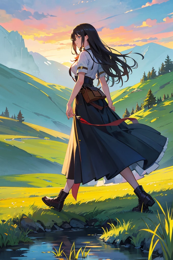 In a green meadow stands a girl leading a group of knights. BREAK With a brave expression, she guides them towards their destination. BREAK Behind her, a green forest stretches out and beyond that, mountains rise in the distance. BREAK The most suitable effect for this scene would be a watercolor painting technique to capture the softness of the meadow and the fluidity of the movement.