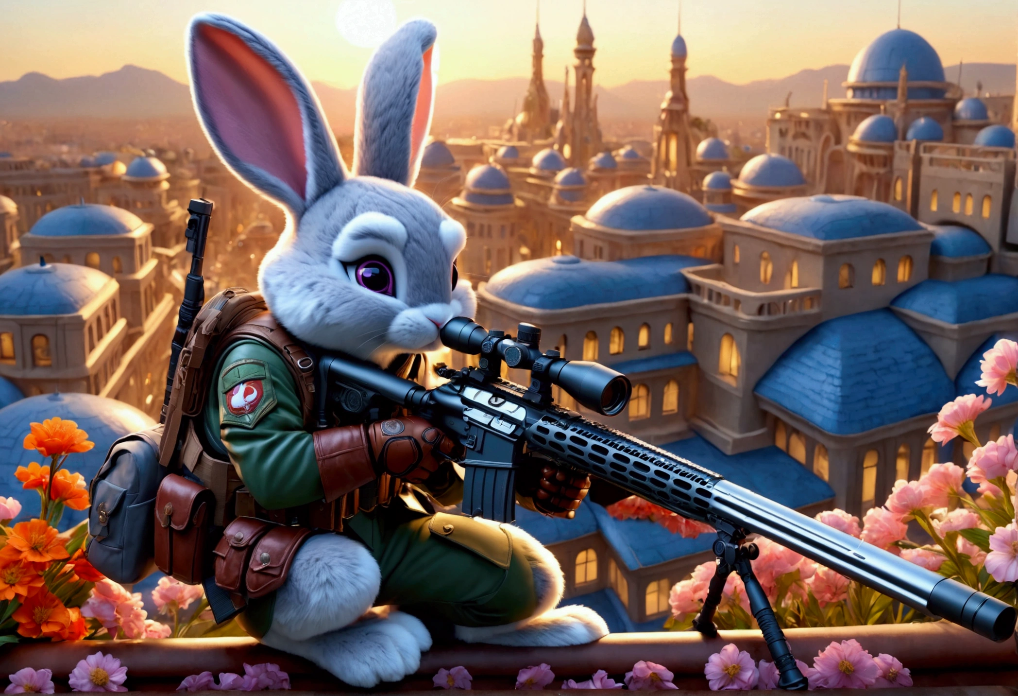 (Close-up of anthropomorphic bunny on roof and aiming with elite sniper rifle:1.3), (rifle has ornate white handle:1.1), (hiding amidst flowers:1.2), (stylish high-neck military jacket:1.1), (leather gloves:1.1), (pants with pockets:1.2), (iron helmet:1.2), (background is futuristic city:1.1), (beautiful twilight:1.2), (futuristic architecture with intricate Martian design:1.2), bright colors, masterpiece in maximum 16K resolution, best quality, ultra detailed, aesthetics, absurdes.
