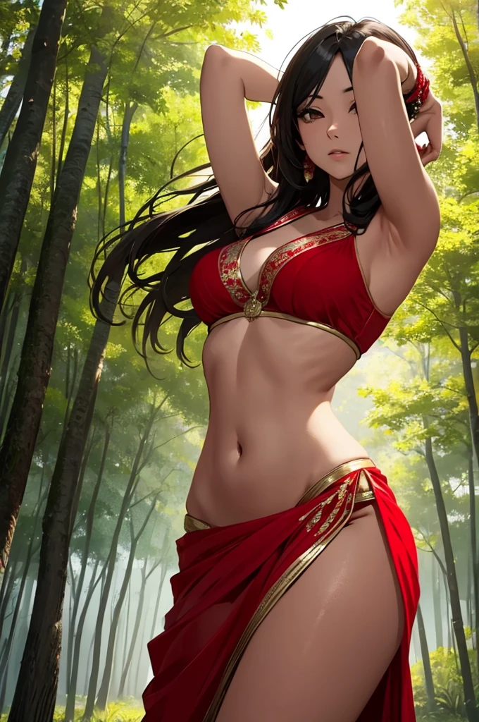 an beautiful asian slim girl dancing in red saree realistic picture , showing belly , in the middle of trees , hands behind her head