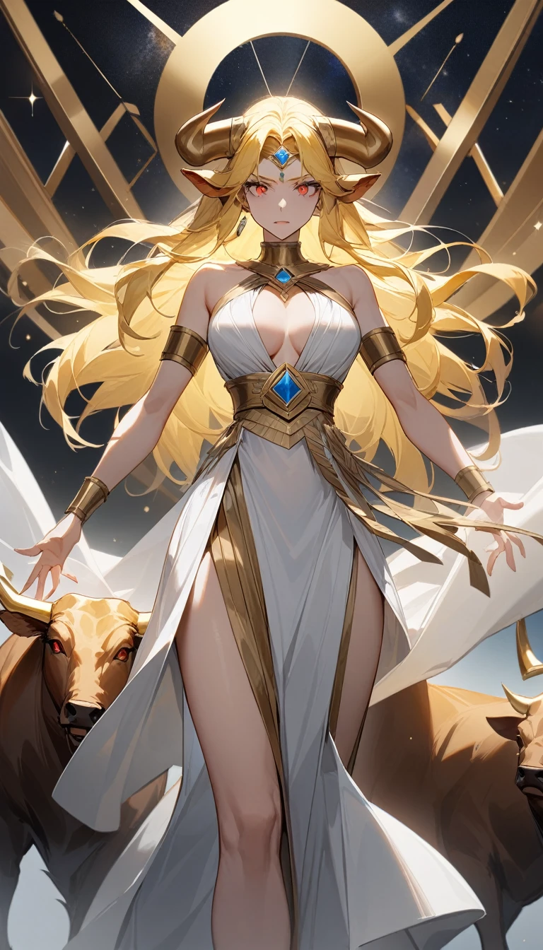 (Huang Li、high quality、Extremely detailed),Constellation Taurus Goddess,Giant golden bull,Woman stroking Taurus,Similar to Latin goodness,brave,capricious,Productivity,The face of enterprising and humanitarianism,Long yellow hair,Ancient Greek costumes、Wrap Dress,The background is the universe,Crystal red eyes(Eyes Details),Powerful appearance