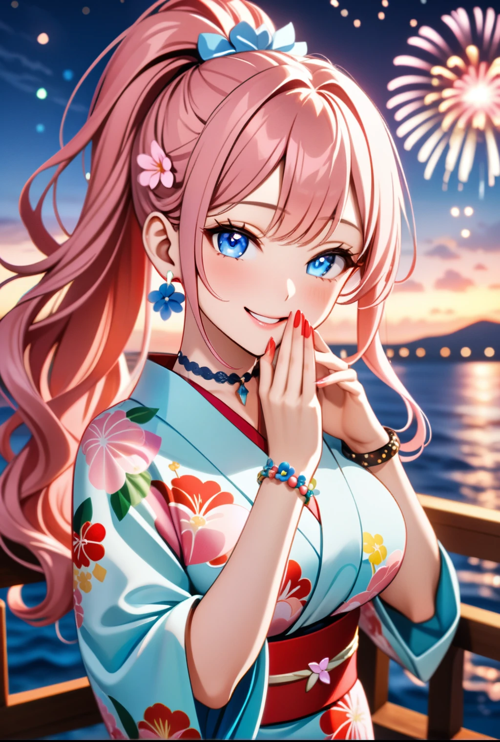 Very detailed, ((One personの女の子)), pastel colored girl,  Super detailed, Absurd, 8k, Beautiful Face, (Laugh shyly), ((Teasing Smile:1.8)), ((Wink:1.8)), (Laugh with your mouth wide open),(Tilt your head:1.3),(Please put your hand over your mouth:1.8), View your audience, ((Bright red cheeks:1.6)),Glossy Red Lips, ((Big Breasts:1.5)), (valley),night, You can see the horizon of the sea,On Bridge, firework, (Brighten face), ((Anime style background)),masterpiece, Highest quality, so beautiful,up to date, Complex details, (Pink long nails), (nail art), (ring),(bracelet), (Floral Choker),AI-generated, Complex,High resolution, Highest quality, super high quality,3D Images、3D Images,One person,Pastel pink long hair,(High Ponytail), (Wavy Hair:1.3), Pastel colored anime woman posing for a photo, ((fine grain、blue eyes、Glowing Eyes:1.4)), (Squint your eyes:1.1),a hyperRealistic , hyperRealistic , Realistic,Anime woman with long pastel pink hair, Smooth anime CG art, A girl wearing a gorgeous kimono in pastel colors, ((Pastel-colored furisode)),(Pink large floral pattern) ,Long flower hair ornament,Floral Earrings,Mature Body, expensive,Abdominal muscles,Tight waist, ((Preface to Study+Looking down+From above:1.7))