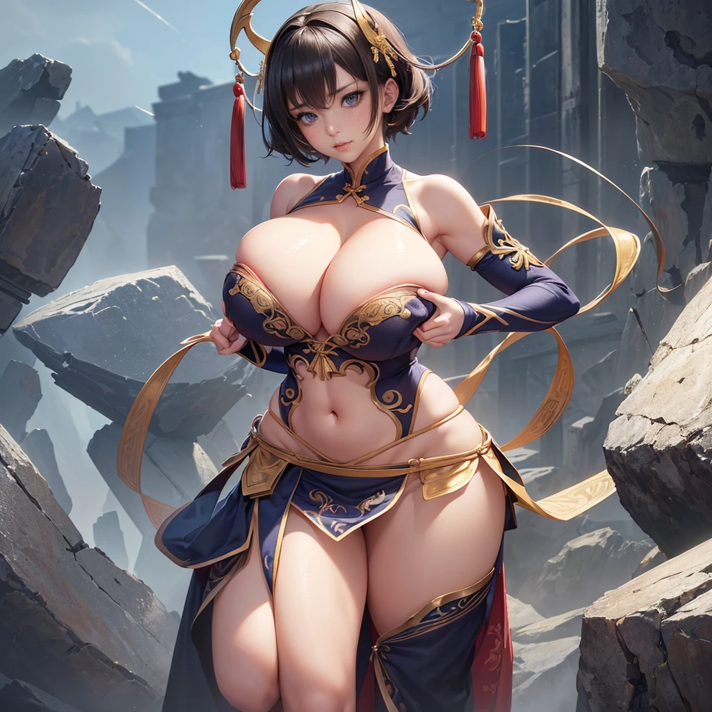 Highly detailed CG unit 8k wallpaper, masterpiece, High resolution, highest quality, highest quality real texture skin, Super Real, Digital Painting, Best image quality, 最High resolution, 8k, ((Highly detailed eyes and face)), 1girl, Beautiful eyes every detail, Full Body Shot, (((Saggy breasts, Gravity-dependent breasts, long chest, Heavy chest, ))), ((disproportionate breasts, huge breasts, sagging breasts, Cleavage, gigantic breasts, erect nipple, sideboobs)), short hair, Tube top, Loincloth, Chinese style embroidery, china dress, chinese dress, ancient China,