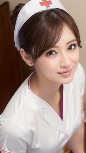 (超High resolution, masterpiece, Anatomically correct, Textured skin, Super Detail, Highest quality, High resolution, 8k, bloom, Front light), (Cute and sexy 24 year old nurse, Sexy Face, Distant eyes, Gentle eyelids, Thin eyebrows, Gentle corner of the eye, Beautiful aquiline nose:1.4, It will totally charm you, Eyes that feel erotic, A taste of beautiful eroticism, Too cute beauty), (Brown Hair, Hair Bun:1.4, bangs), (Gal Makeup, eyeliner, Lip gloss), (Upper body naked), (Looking into the camera, Squat, Shooting from above:1.4), (Nurse uniform, Nurse cap, pink Nurse uniform), (hospital, hospital room, bed, Pure white ceiling), smile, Keiko Kitagawa:1.0