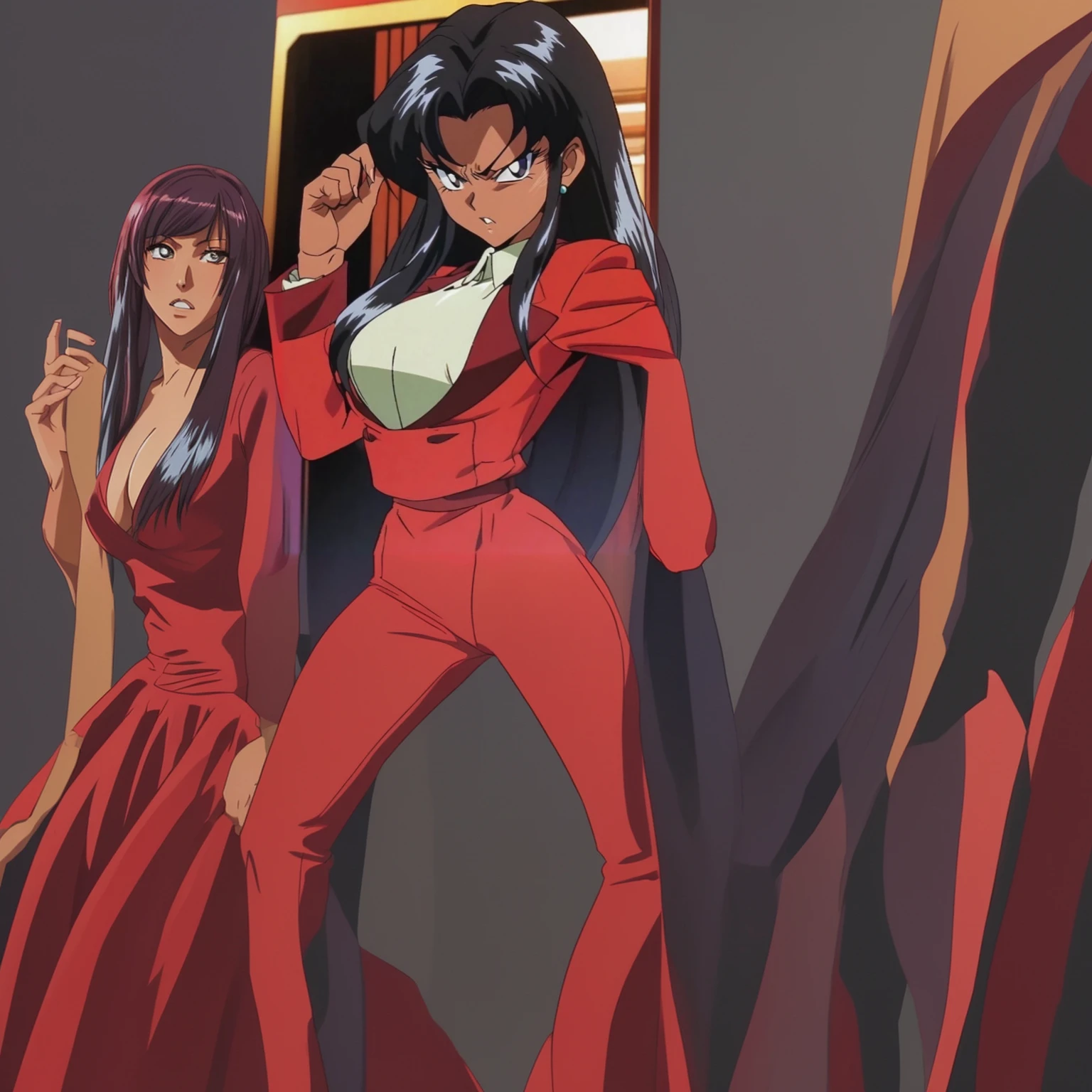 90s anime Evil black skinned business woman in a red suit and long red skirt and red heels and long red sleeves 