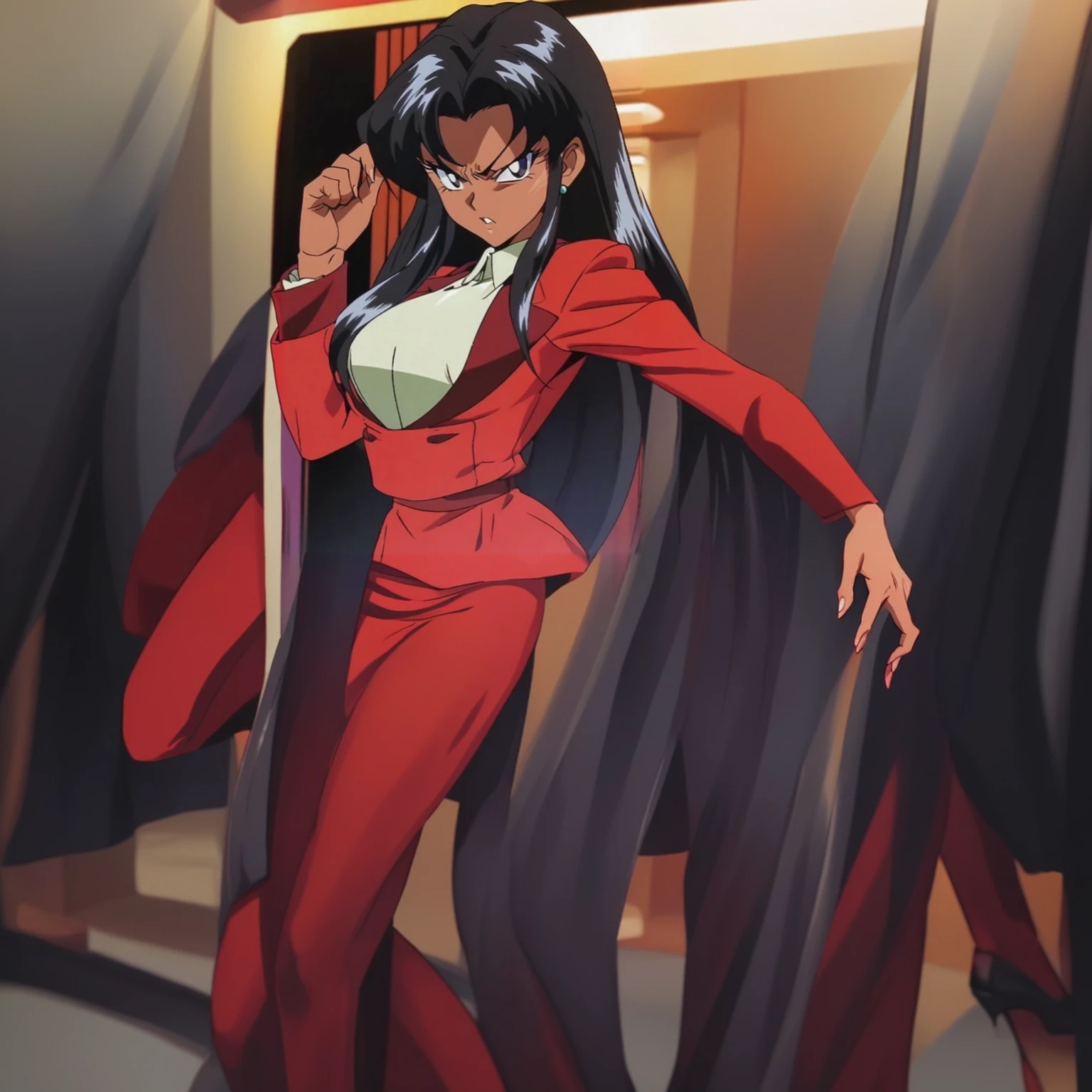 90s anime Evil black skinned business woman in a red suit and long red skirt and red heels and long red sleeves