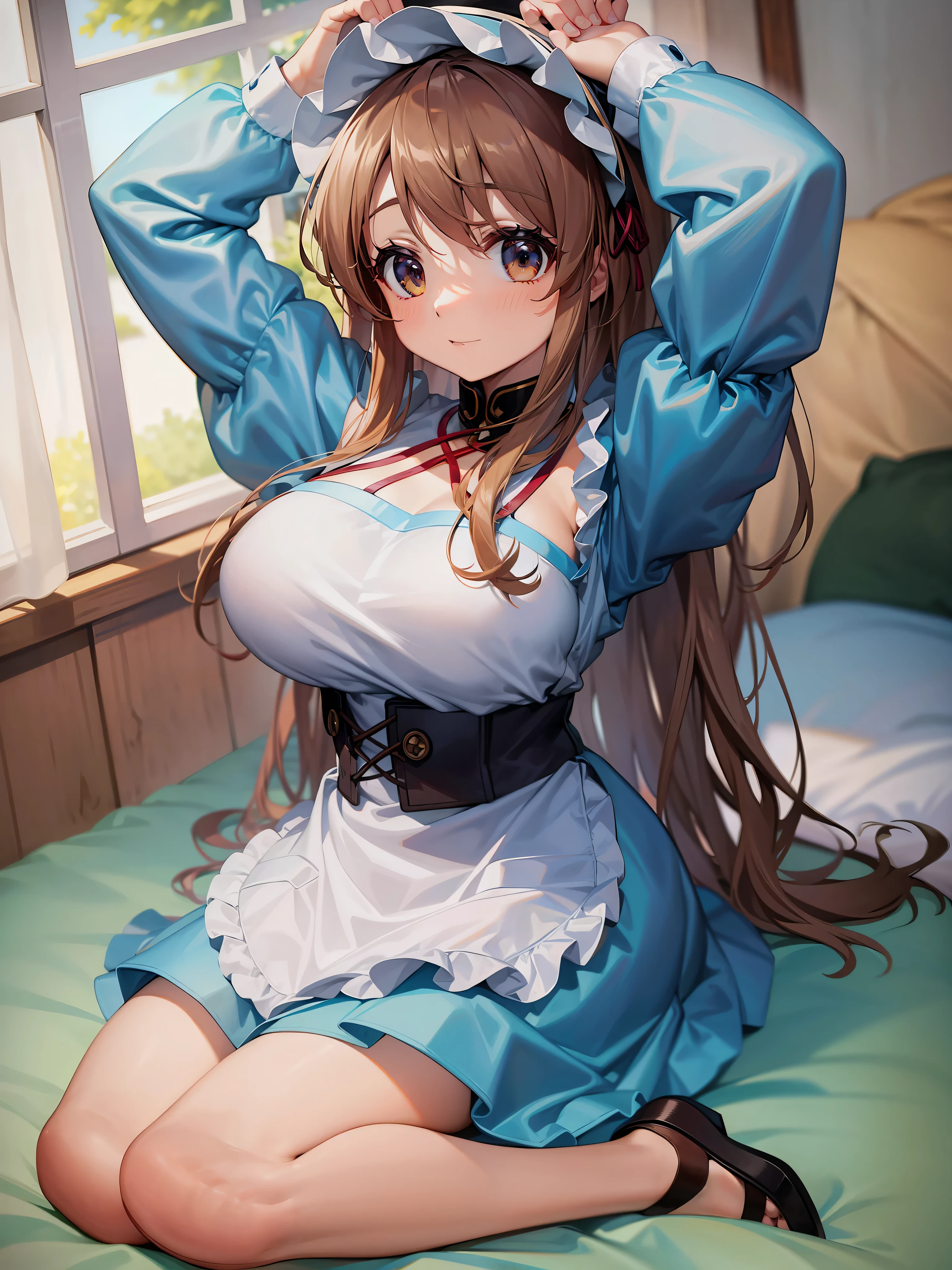 ((highest quality、High resolution、masterpiece))、Portrait、((１０Year old beautiful girl))、Perfect body、Beautiful breasts、Nipples、Long blonde、bangs、Blue and white、Embellished blue sexy dress、No panties、Embarrassed、Legs wide open、(((POV、Having sex、orgasm)))、Creampie