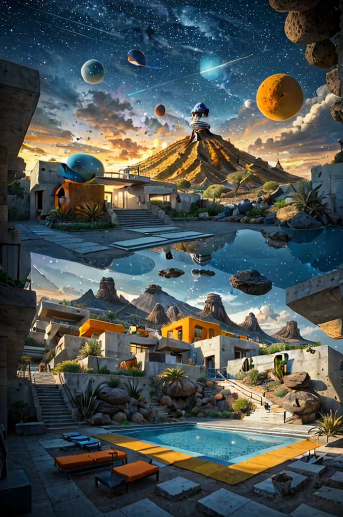 An illustration in collage style, with giant boulders, brutalist building sections, terraces, stairs, cacti, agave, concrete texture, multiple geometric shapes, hatch and cross hatching, planet saturn, volcano, moon, Luis Barragán's architectural style build, milky way galaxy, violet, one motorcycle, An illustration in collage style, with giant boulders, brutalist building sections, stairs, cacti, agave, concrete texture, multiple geometric shapes, hatch and cross hatching, planet saturn, volcano, moon, Luis Barragán's architectural style build, reflective pool, terraces. An elegant and modern build, in top of big boulders, with terraces, materials concrete, wood, steel and crystal, various gardens with tropical vegetation, cacti and rocks, stairs, a pool. In middle of sea, a big wave near, sunset, mountains and a volcano in the horizont, cute islands around, illustration format, cute color palette, detailed, masterpiece, award-winning work, clouds, Illustration, a garden with abundant cacti, ((various organic sculptures)), ((big rocks)), (((multiple sections))), collage style, detailed, (((color palette (olive green), (Mustard orange), cool grey, ((blue)), black and white))), (((a lot Luis barragán's architecture style builds))) big clouds, volcano in horizon, stairs, in the desert. ((masterpiece, best quality)),illustration,ultra detailed 8k, ((Ori Toor visual style)),soviet, megabuildings, megastructures, buildings, organic steel sculpture