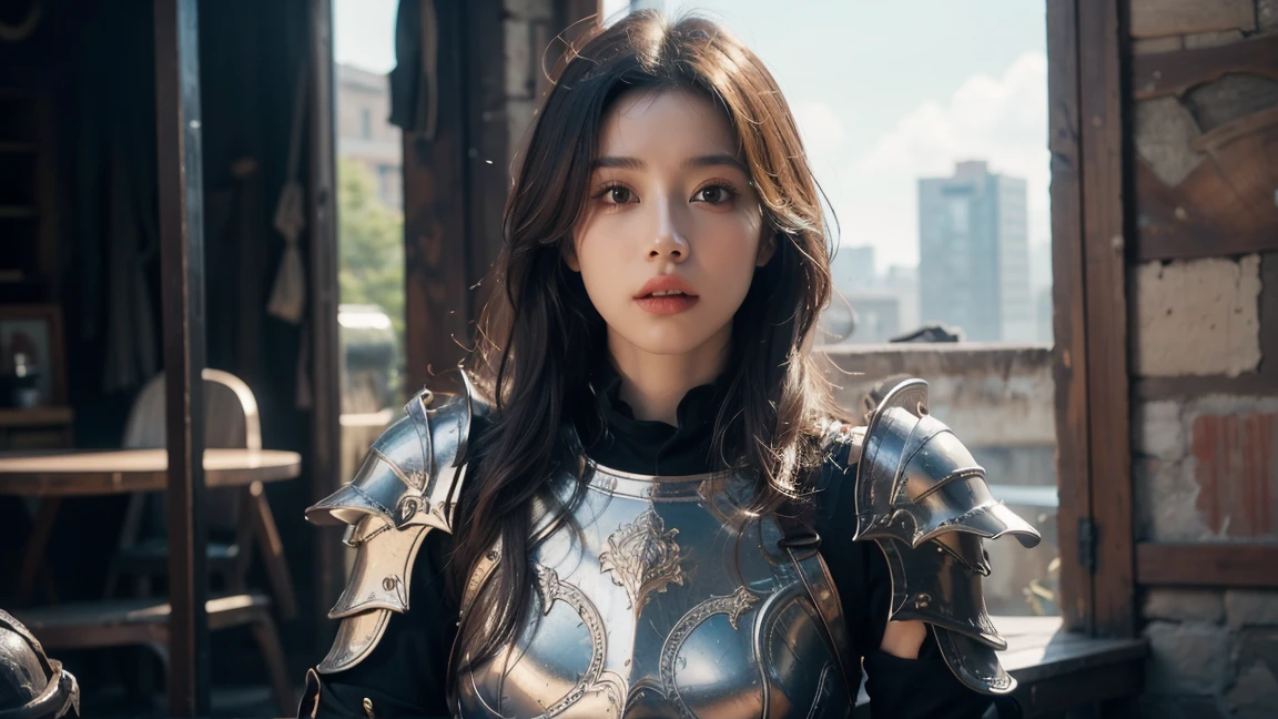 a girl wearing a bikini armor,Navel，The abdomen is completely exposed，Reveals sexy lower abdomen,cowboy-shot,extremely detailed face and eyes,beautiful detailed face,detailed facial features,long eyelashes,beautiful lips,wavy hair,intricate armor design,shiny metal armor,complex sci-fi armor,futuristic cyberpunk style,dynamic pose,dramatic lighting,vibrant colors,cinematic composition,photorealistic,8K,high quality,masterpiece