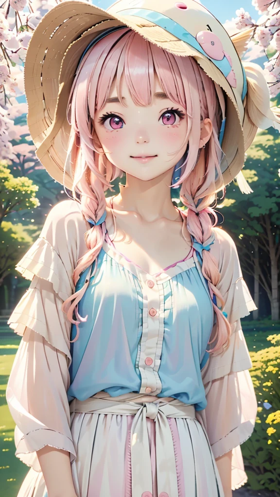 One Girl、12talent、Magical girl、anatomy、French Braid、Anime Style、(((Fish hat))),(((Pink Hair))),(((Bangs up to eyebrows))),(((Bangs without gaps))),(((Align your bangs))),(((Pink eyes))),Small breasts、smile,Cute Face、Cute clothes、Combat Uniform、、(((The background is pastel colored clouds:1.5、rainbow、Blurred Background)))、Highest quality、High resolution、High resolution、Cinema Lighting、Professional Photographer