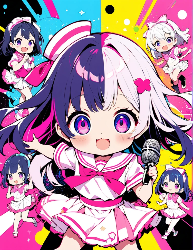 cute, Ultra-small deformation, High contrast fluffy characters, Vibrant colors, High contrast and vivid spray work, High contrast to emphasize soft images, Pop background in pastel colors, Characters that captivate the audience 推しの子、hoshino ai、idol、dance、Sing with a microphone、Pink sailor uniform、 Japanese、Indigo Hair、
