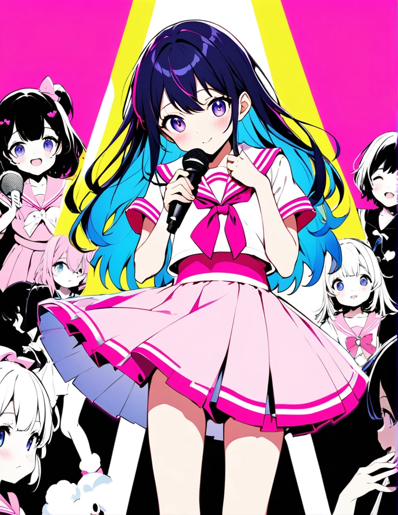 cute, Ultra-small deformation, High contrast fluffy characters, Vibrant colors, High contrast and vivid spray work, High contrast to emphasize soft images, Pop background in pastel colors, Characters that captivate the audience 推しの子、hoshino ai、idol、dance、Sing with a microphone、Pink sailor uniform、 Japanese、Indigo Hair、
