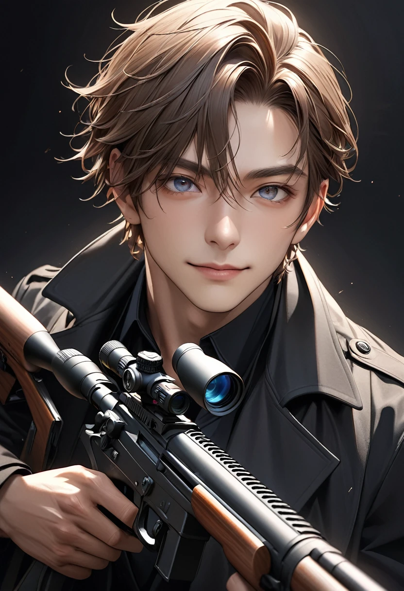 ( perfect anatomy )Handsome boy dynamic sniper, A brown-haired man in a black trench coat points a gun at the sniper at his prey ( perfect anatomy ) Dynamic pose detailed face. realistic eyes. The face and eyes are very detailed. delicate skin.、delicate skin texture smile,
Black trench coat dark shadow background, Black Soft Light, Professional photography master'artwork, texture, complicated, Clear, High-quality masterpieces,
Extremely complicated and exquisitely detailed, Super detailed, Super detailed digital art