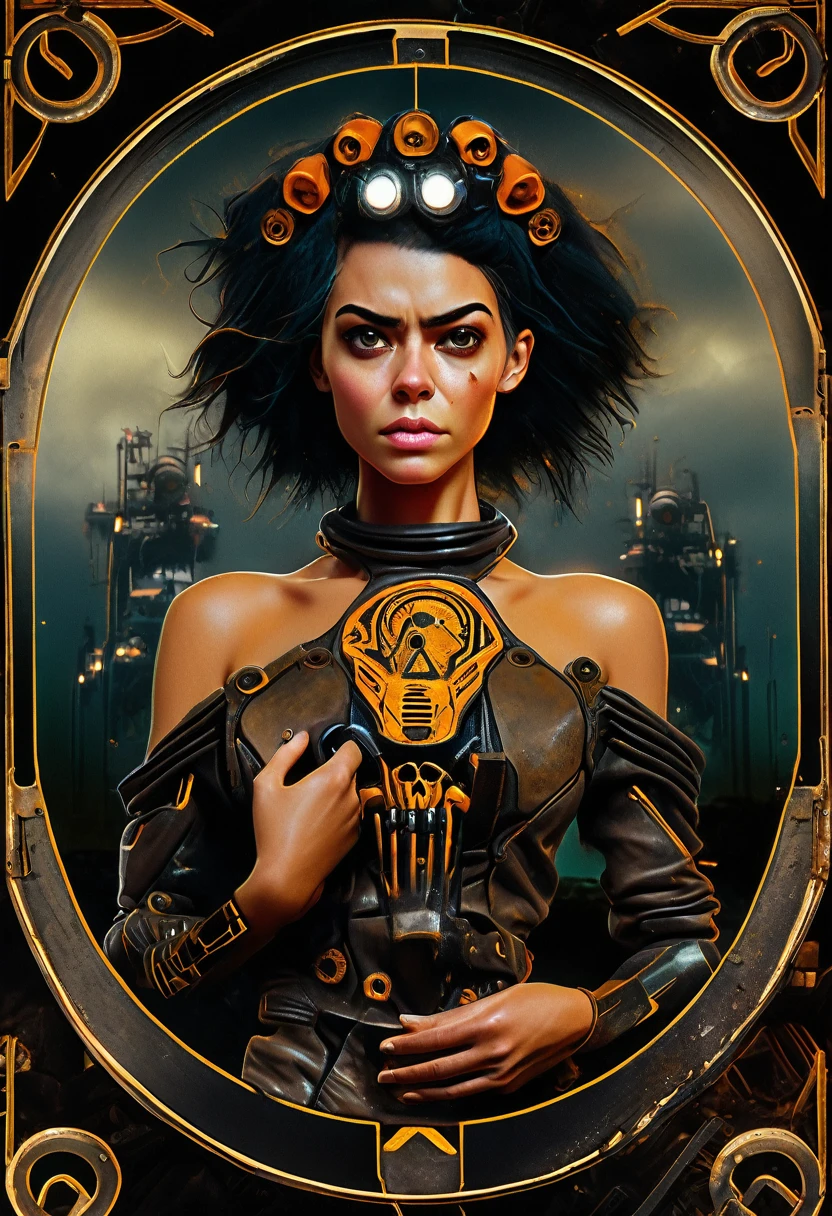 (((mulher))), (((melhor qualidade))), (((obra prima))), (((adulto))), A highly detailed and realistic skull girl,( Anya. Taylor Joy) cyberpunk character, mad max furiosa, one hand robot, cyborg arm, orange hair, dramatic metal heavy rock theme, best quality, 8k, hyperrealistic, photorealistic, extreme detailed painting, studio lighting, vivid colors, dark moody atmosphere, cinematic, dramatic pose, intricate mechanical details, glowing energy effects, intense gritty textures, seamless integration of organic and inorganic elements. Wearing the used clothes of a wastelander. Background: An apocalyptic wasteland. Dusty and depressing.