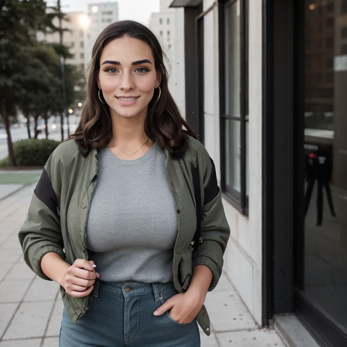 Extremely busty thin and toned brunette photographer, college girl, fair skin, loose ponytail, soft face, athletic, bandana babushka headwrap, tight olive green casual windbreaker, skinny jeans. standing in front of her apartment building, outdoors, city, camera bag, cleavage 