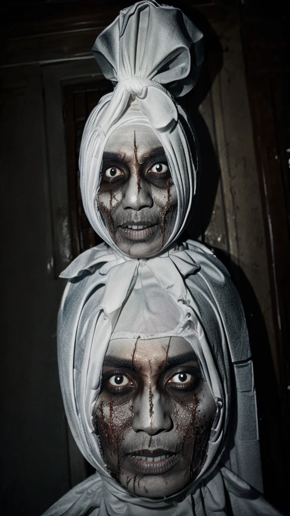 Pocong. Scary face. Skeleton face. Real ghost. Realistic, hdr. Flashlights direct to subject in dark place.. white eyes. Real scary . pale face