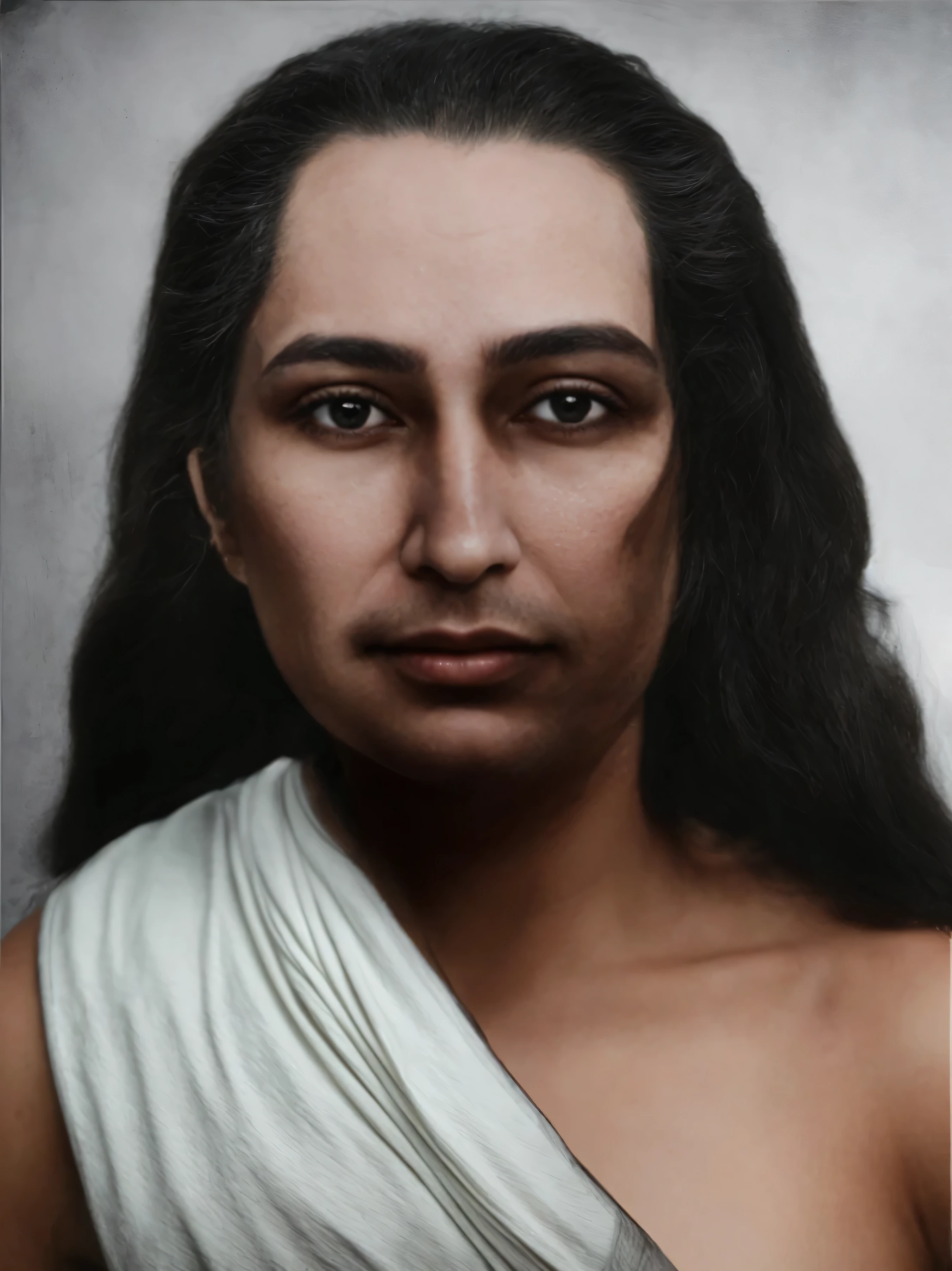 make this photo look realistic and detailed, afared man with a black long hair and wearing a ihram clothes, 4 0 years old man, very detailed potrait, realistic portrait photo, close up potrait, profile portrait, very detailed face, very realistic face, very perfected face, very detailed clothes, very realistic clothes, very perfected clothes