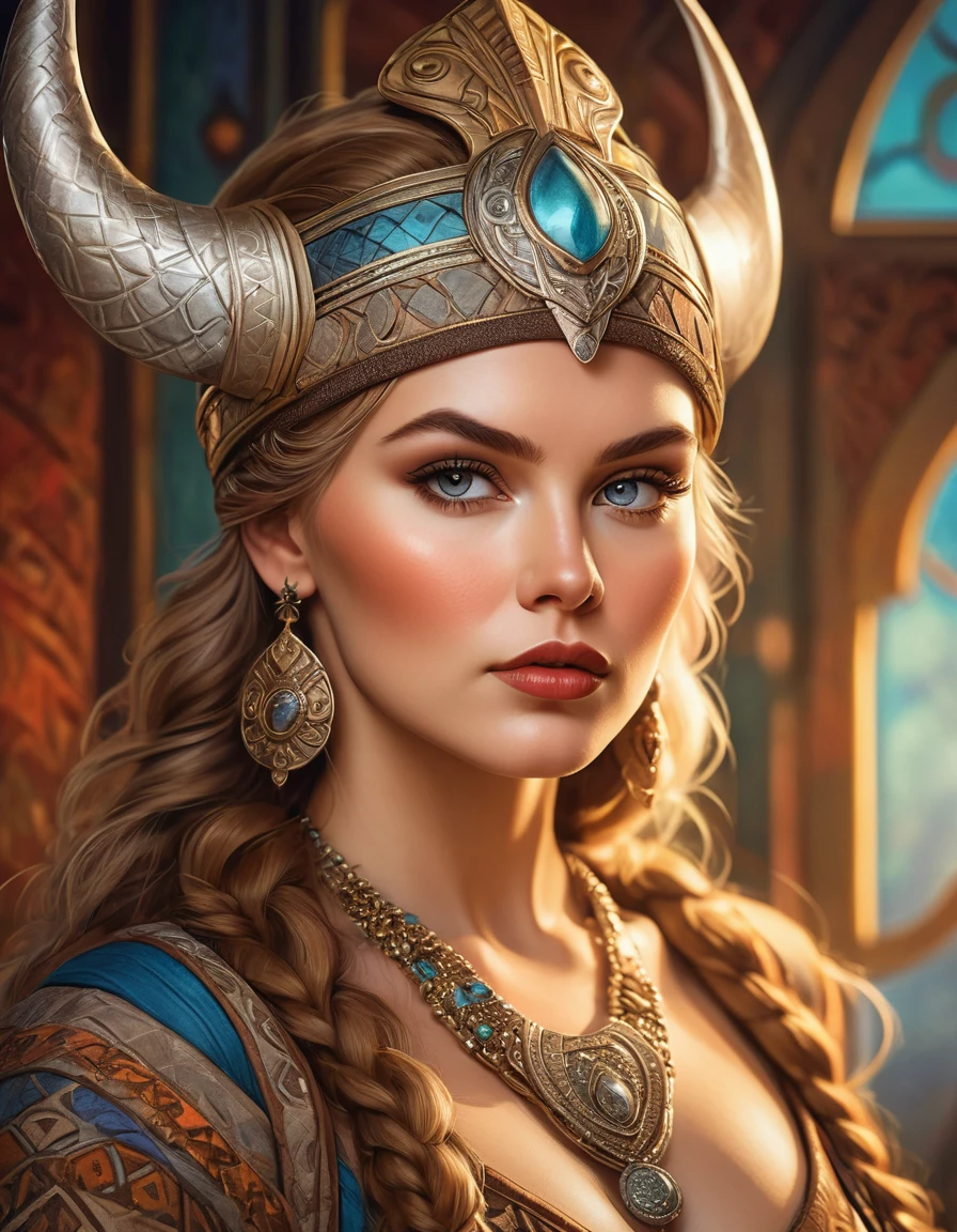 a beautiful busty viking woman, intricate art deco style portrait, highly detailed face, intense eyes, full lush lips, detailed skin texture, elegant headdress, ornate jewelry, dramatic lighting, warm color palette, oil painting, photorealistic, 8k, high quality, masterpiece
